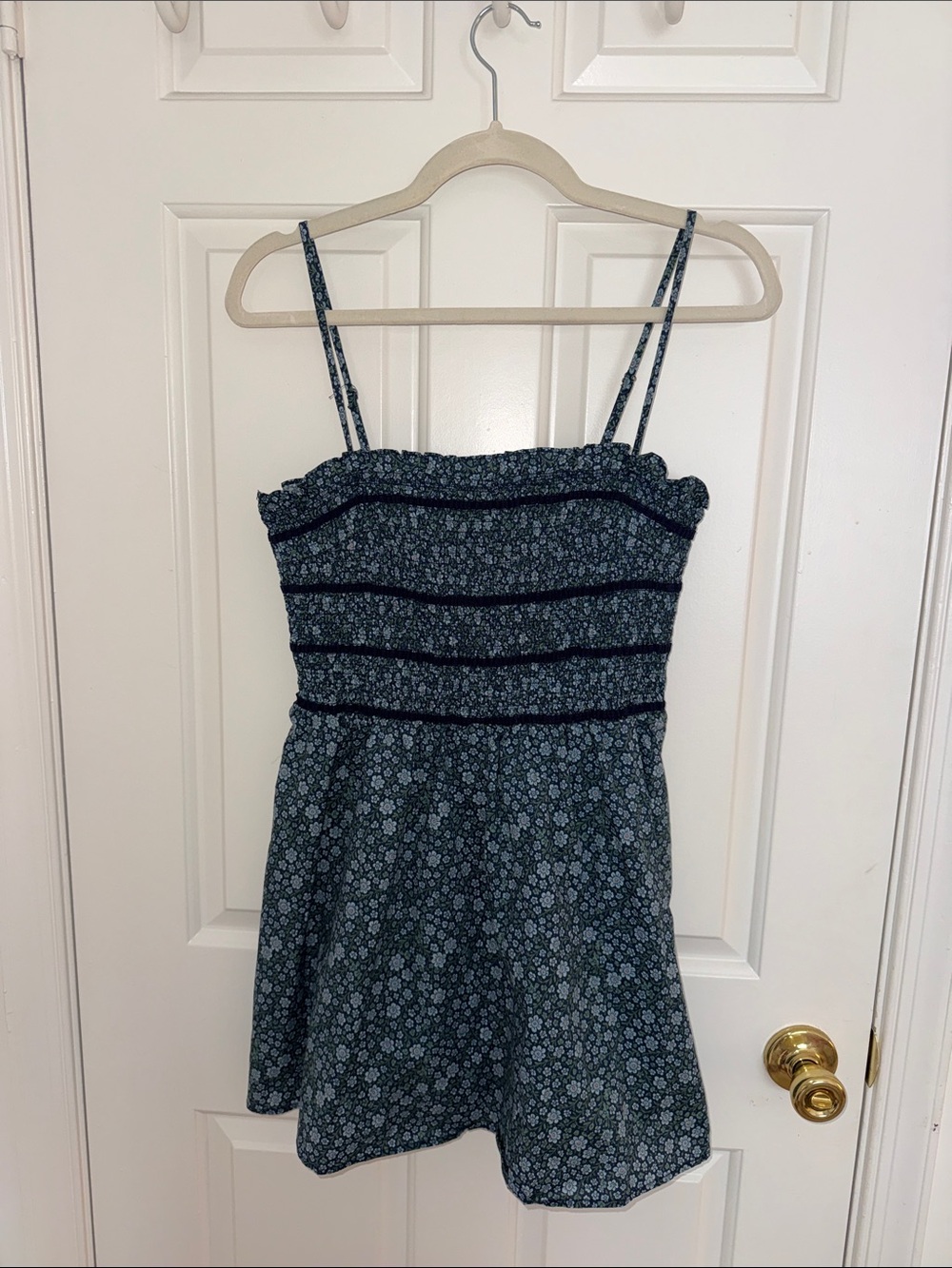 Smocked Blue Floral Mini Dress with Spaghetti Straps